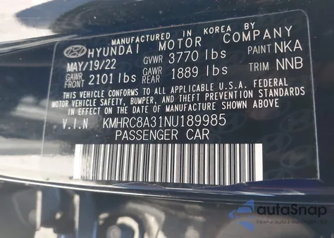 2022 Hyundai Venue Sel from USA, damaged, VIN KMHRC8A31NU189985
